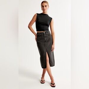 Abercrombie & Fitch Denim Midi Skirt Front Slit Charcoal Black